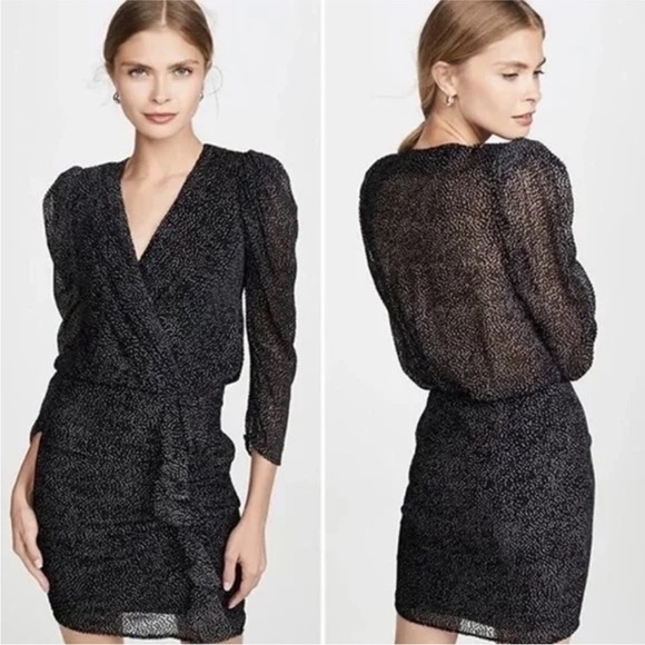 Ba&sh‎ Celia Black Velvet Dot Ruffle Mini Dress Size 6 Silk Blend - Picture 1 of 15